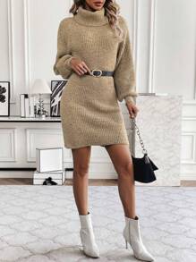 SHEIN Clasi Vestido Tipo Suéter De Hilo Mixto, Distribución Aleatoria De Colores Del Hilo, Cinturón No Incluido - Caqui - Ver 1