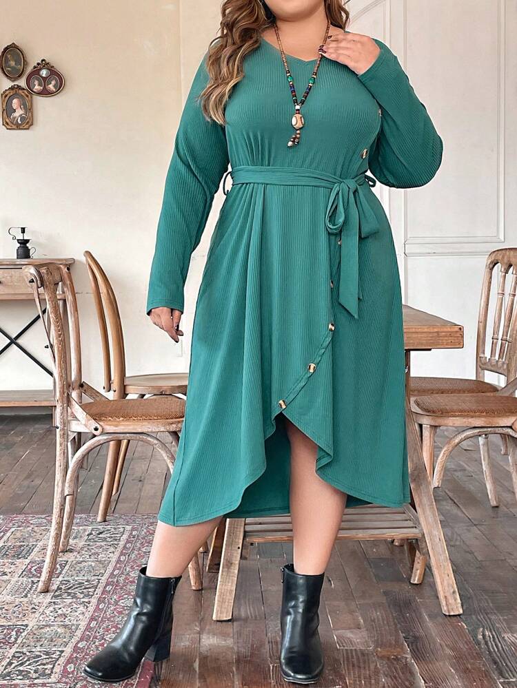 Plus Button Detail Belted Wrap Hem Dress