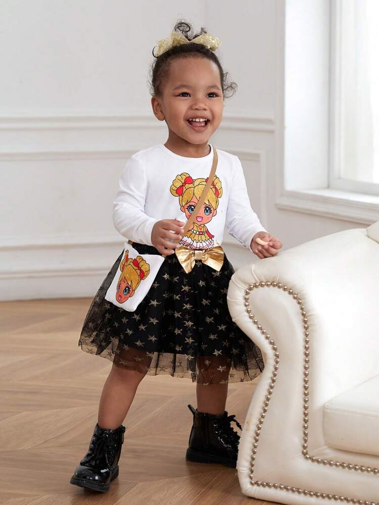 Baby Girl Cute Pattern Long Sleeve Top With Star Mesh Tutu Skirt And Bag Set