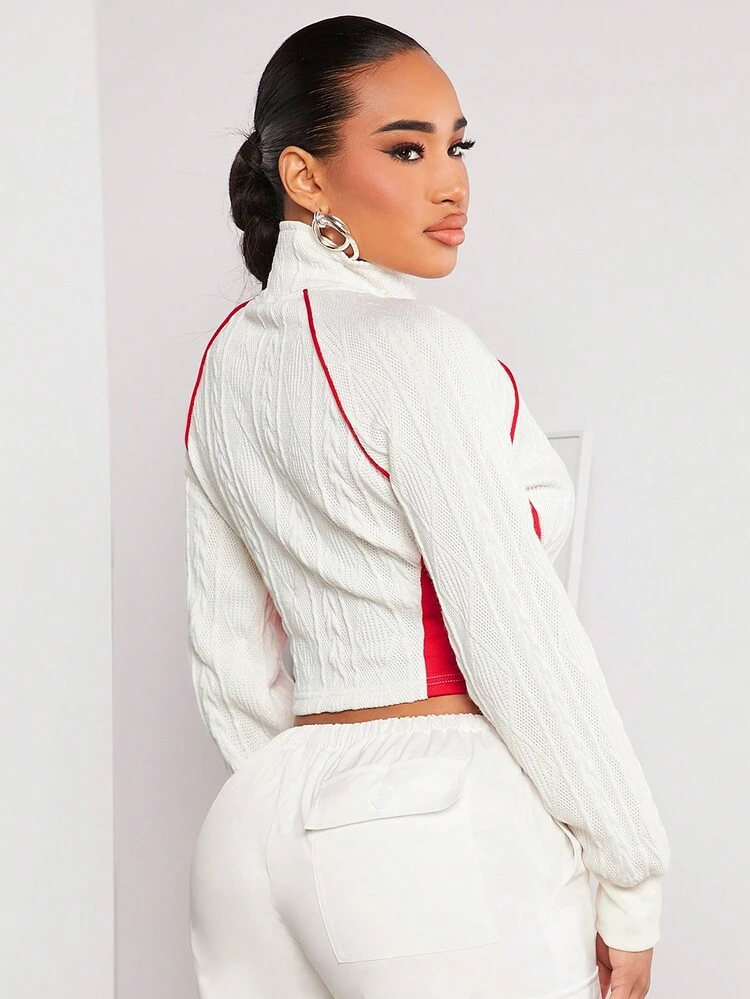 Women's Varsity Sweatshirt With Contrast Color Zip And Ribbed Texture Collar