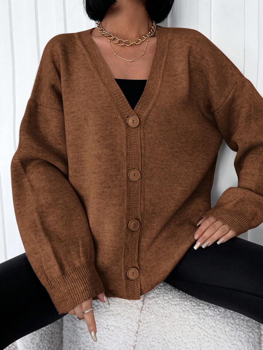EURMUSE 女式純色落肩前紐扣開襟衫 - 駝色 - 查看 1