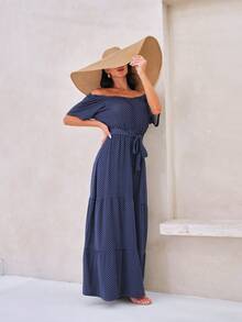 Shein女裝露肩長裙與腰帶 - 藏蓝色 - 查看 3