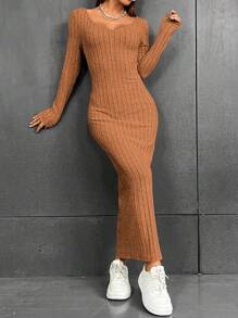 SHEIN EZwear 小高領條紋長袖連身裙 - 橘色 - 查看 5