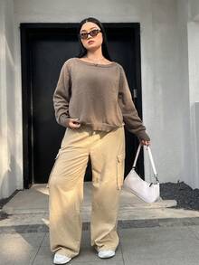 SHEIN EZwear 大碼素色插肩袖套頭毛衣 - 駝色 - 查看 6