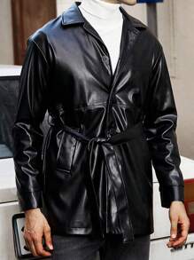 Manfinity Homme Loose Fit Men's Single-Breasted Trench Coat With Belt - Black - View 4