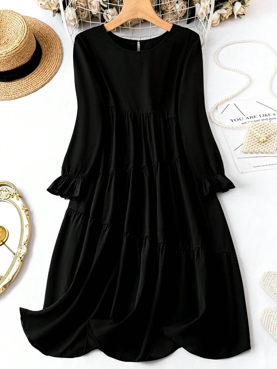 SHEIN LUNE 波浪袖荷葉邊鬆緊裙 - 黑色 - 查看 1