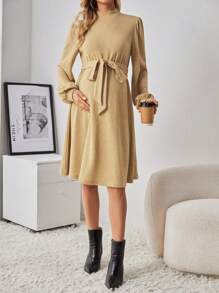 SHEIN Vestido Premamá Con Cinturón Y Mangas Farol - Albaricoque - Ver 5
