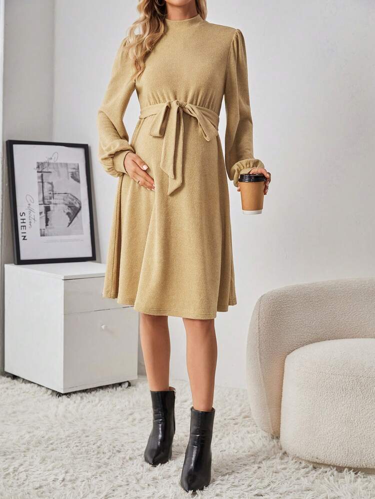 Maternity Lantern Sleeve Belted Dress