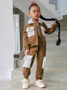 SHEIN Toddler Girls' Plush Patchwork Flap Pocket Jacket And Cargo Pants Two-piece Set - Brown - View 1