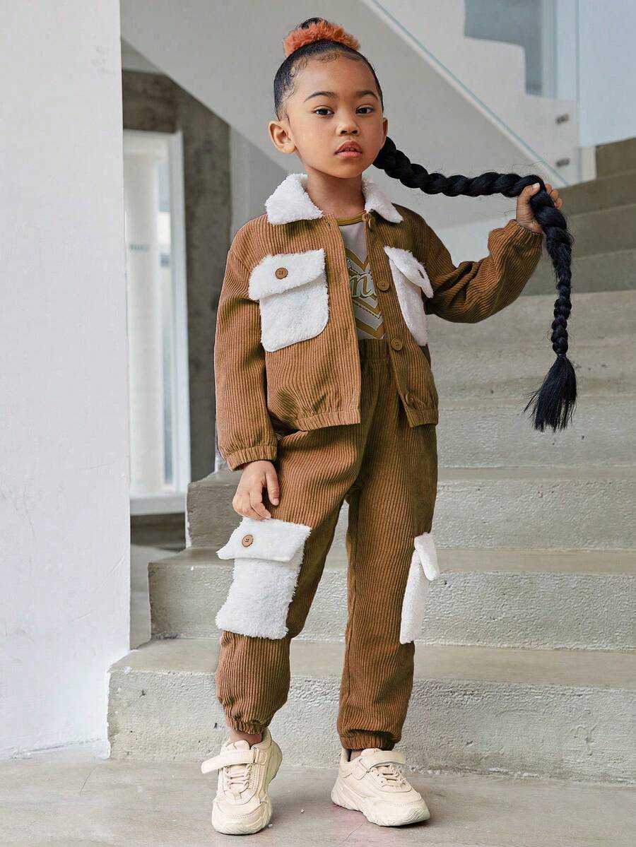 SHEIN Toddler Girls' Plush Patchwork Flap Pocket Jacket And Cargo Pants Two-piece Set - Brown - View 1