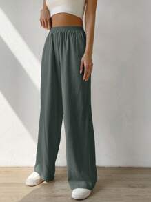 SHEIN EZwear Pantalones Regulares Con Cintura Elástica Y Bolsillos Oblicuos - Gris Oscuro - Ver 6