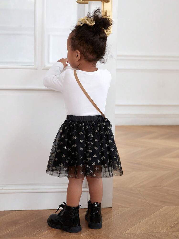 Baby Girl Cute Pattern Long Sleeve Top With Star Mesh Tutu Skirt And Bag Set
