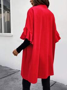 SHEIN Clasi 1pc Ruffle Trim Batwing Sleeve Open Front Overcoat - Red - View 2