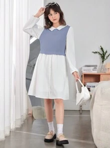 Teen Girls' Shirt & Knitted Rib Fabric Splicing 2 In 1 Dress - Blue - View 4