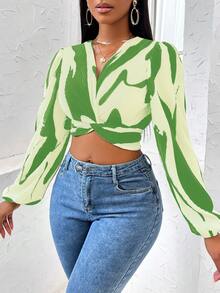 SHEIN Slayr Của phụ nữ Khối màu Xoắn Nút Quần skinny Áo sơ mi Với Xếp - màu xanh lá - Xem 4