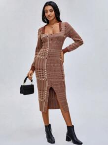 ELPIDA Designer Karomuster Spaltafront figurbetont elegantes Pullover-Kleid Outfit, geeignet für Feiertage, Partys, Geburtstage, Festivals, Hochzeiten, Abschlussbälle - Rot - Übersicht 1
