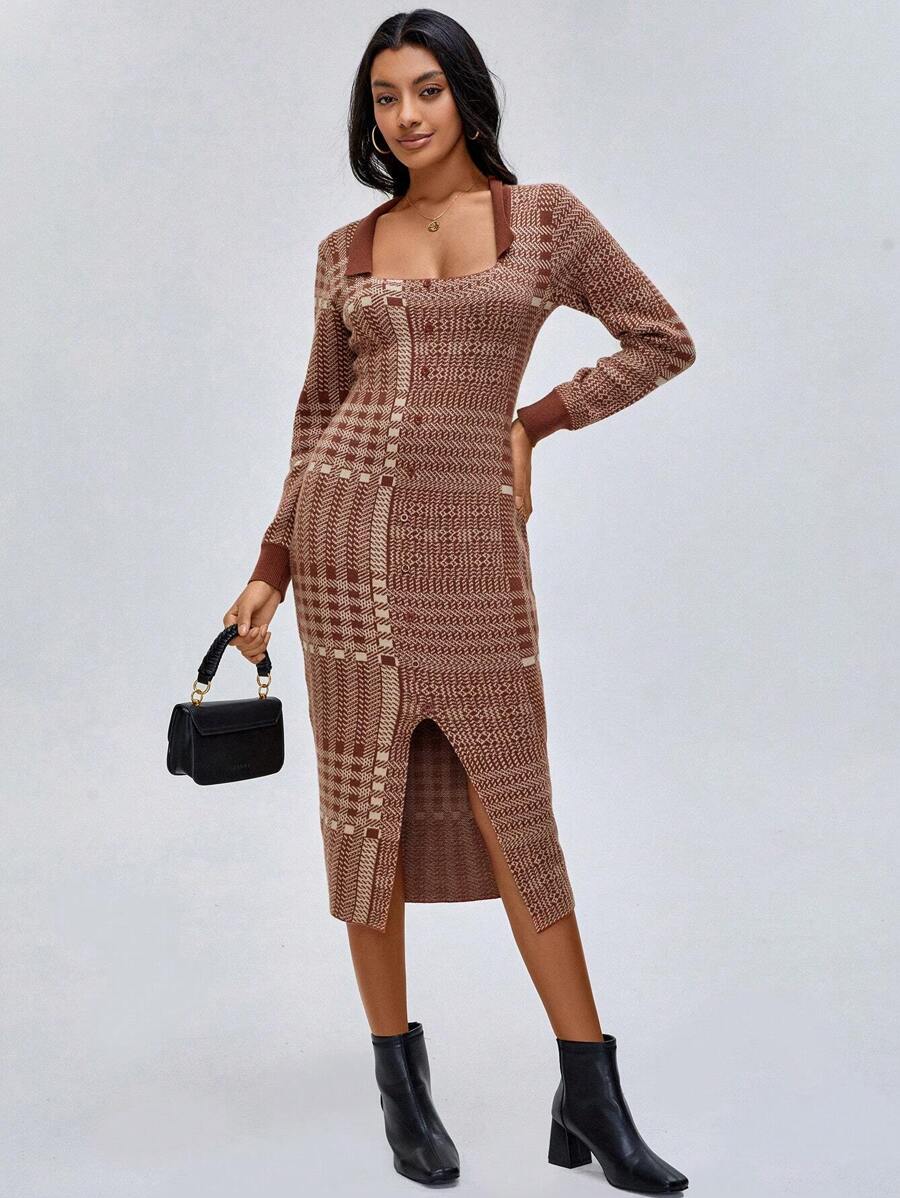 ELPIDA Designer Karomuster Spaltafront figurbetont elegantes Pullover-Kleid Outfit, geeignet für Feiertage, Partys, Geburtstage, Festivals, Hochzeiten, Abschlussbälle - Rot - Übersicht 1