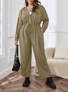 SHEIN Essnce Plus Drawstring Waist Hooded Jumpsuit - Green - View 3