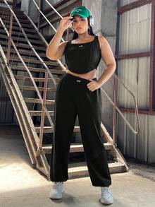 SHEIN EZwear 3 件/套大尺碼運動衫、背心和褲子 - 黑色 - 查看 6