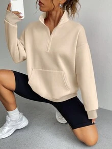 SHEIN EZwear Một nửa khóa kéo Túi kangaroo Thả vai Áo nỉ - Màu Khaki - Xem 5