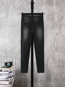 SHEIN Tween Boy Casual Washed Cat Whisker Jeans With Tapered Legs - Black - View 2