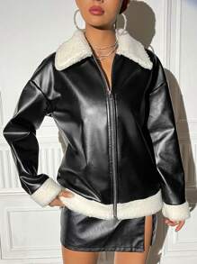 EgrlEra Borg Collar Drop Shoulder PU Leather Coat Fall Winter Cloth For Women - Black - View 6