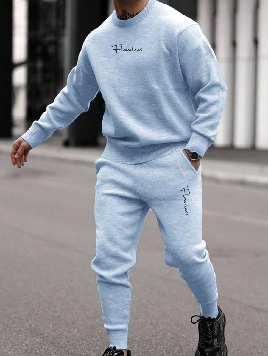RueChic Men's Letter Printed Sweatshirt And Slanted Pocket Sweatpants Two-piece Set - Baby Blue - View 1