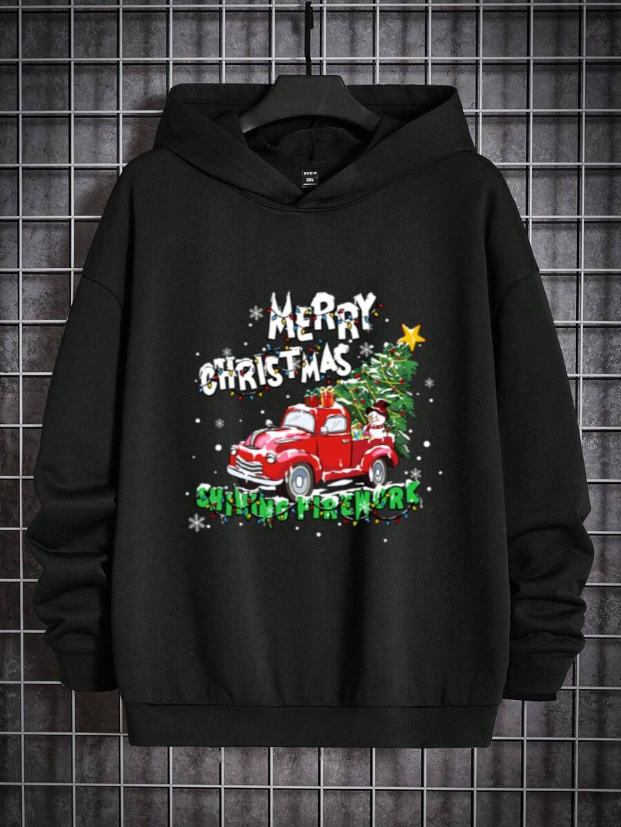 GENTILAND 男士超大尺碼聖誕印花連帽衫 - 黑色 - 查看 1