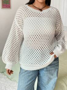 Flirla 大码女式落肩镂空套头毛衣针织衫秋冬毛衣 - 白色 - 查看 4