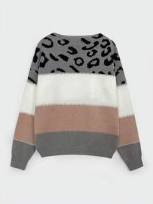 Women's Oversized Cute Colorblock Leopard Print Sweater, Casual Comfortable Ribbed Knit Crew Neck Long Sleeve Pullover Top - Multicolor - View 7