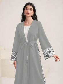 Al Najma Quý cô In hoa Vá lại Tiếng  Ả Rập Áo choàng Abaya - Xám - Xem 4