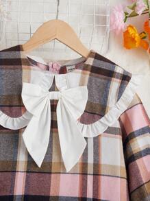 SHEIN 少女蝴蝶結前方聲明領襯衫袖子格紋洋裝 - 彩色 - 查看 3