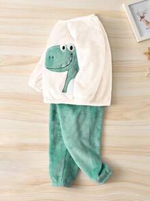 男童卡通恐龙刺绣毛绒连帽衫和裤子套装 - 綠色 - 查看 4