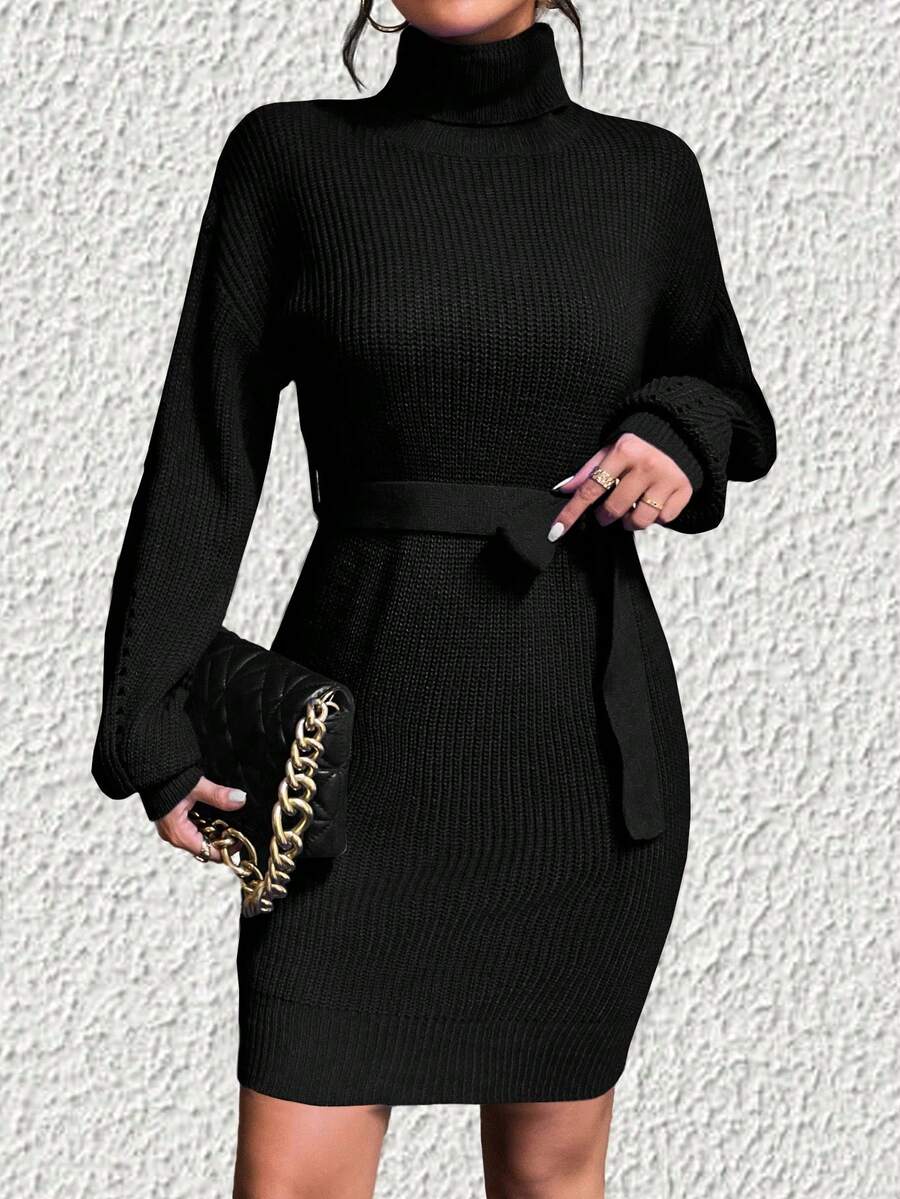 SHEIN Privé 女士高領燈籠袖毛衣裙 - 黑色 - 查看 1