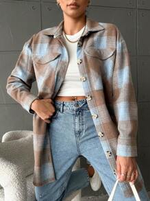 SHEIN Cottnline Women's Plaid Woolen Coat - Camel - View 4