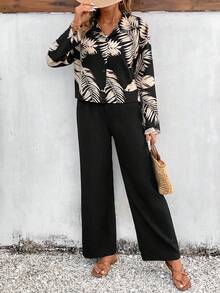 SHEIN VCAY Women's Leaf Print Shirt And Pants Set - Multicolor - View 4