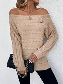 SHEIN Clasi Của phụ nữ Màu thuần 3D Chi tiết Hoa Off Shoulder Áo len - Màu Khaki - Xem 4