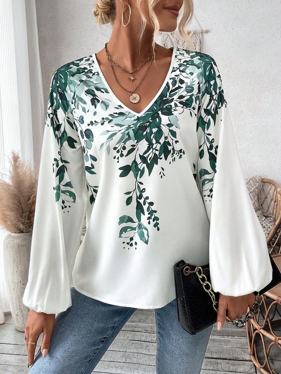 SHEIN Clasi 女款長袖葉子印花襯衫