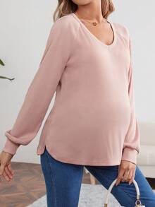 SHEIN Thai sản Màu thuần Tay Raglan Viền mép Áo thun - Hồng - Xem 5