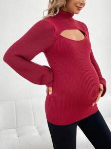 SHEIN Maternity Turtleneck Hollow Out Lantern Sleeve Sweater, For Winter - Burgundy - View 4