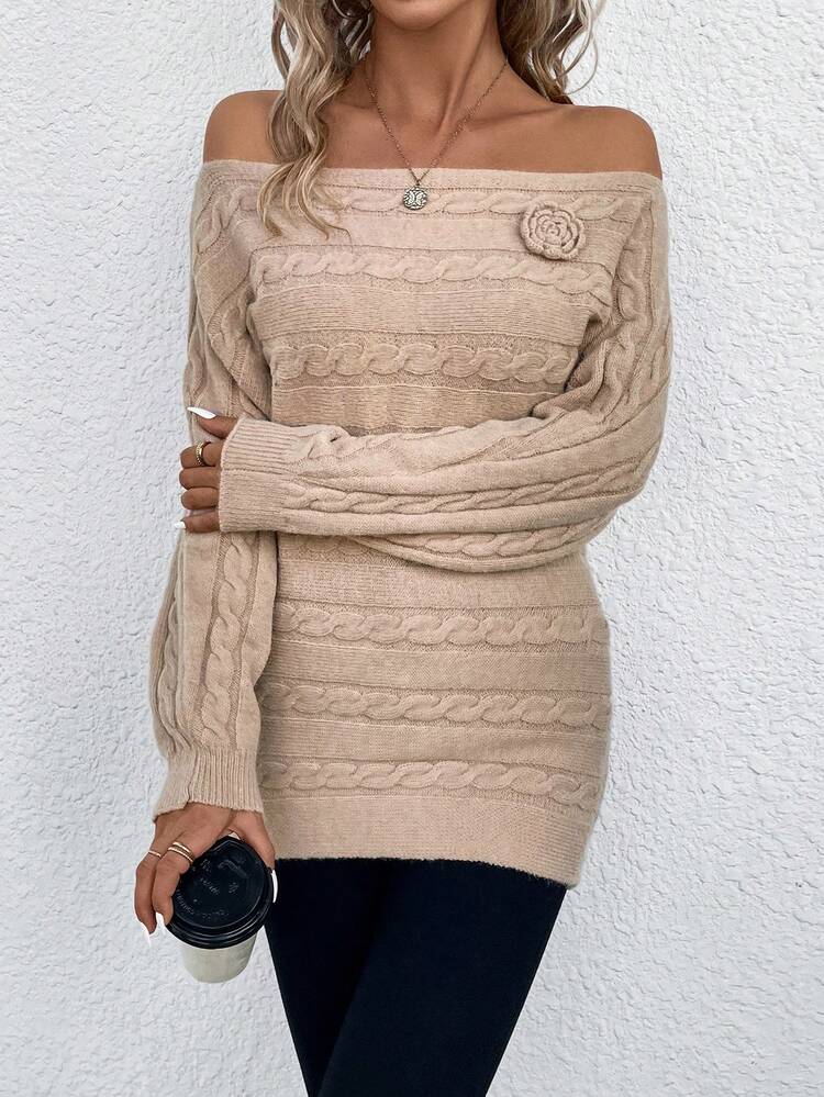 Women's Solid Color 3d Flower Detail Off Shoulder Sweater