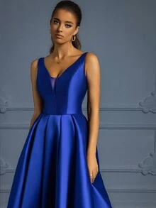 开叉大腿缎面正式礼服舞会礼服女士正式优雅舞会晚会婚礼宾客礼服，适合毕业典礼、晚宴 - 寶藍色 - 查看 5