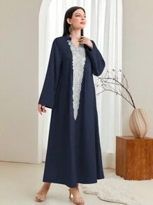 Al Najma Spliced Lace Bell Sleeve Dress Kaftan Jalabiya Dress - Blue - View 4