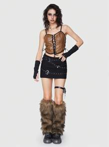 ROMWE Grunge Punk Vintage Y2K Leather Patchwork Front Lace-Up Design Women's Slip Camisole - Coffee Brown - View 2
