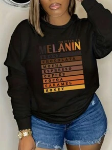 SHEIN EZwear 大尺碼女標語印花抓絨運動衫 - 黑色 - 查看 1