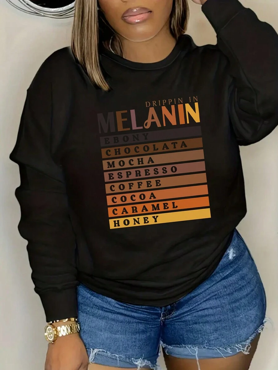 SHEIN EZwear 大尺碼女標語印花抓絨運動衫 - 黑色 - 查看 1