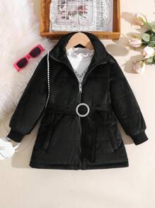 SHEIN Little Girls' Solid Color Zipper Front Belted Jacket - Black - View 1