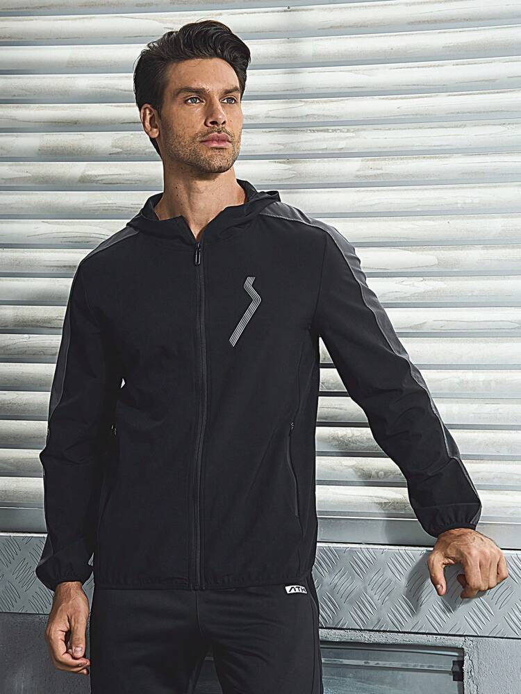 Men Graphic Print Zip Up Hooded Sports Jacket Workout Tops Sports Jacket