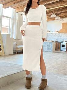 SHEIN EZwear Solid Color Short T-shirt And Slit Skirt Two-piece Set - White - View 6