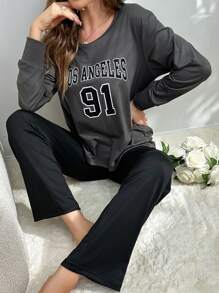 字母图案睡衣套装 / 睡衣套装 - 灰色 - 查看 3